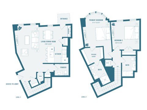 Floor plan for 2 beds, 2.5 baths, 1508 sqft